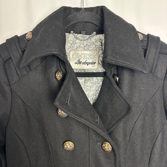 Guess M Black Wool Blend Coat Button Zip Sleeve Pocket Floral Lining Collar NWT - Picture 2 of 10